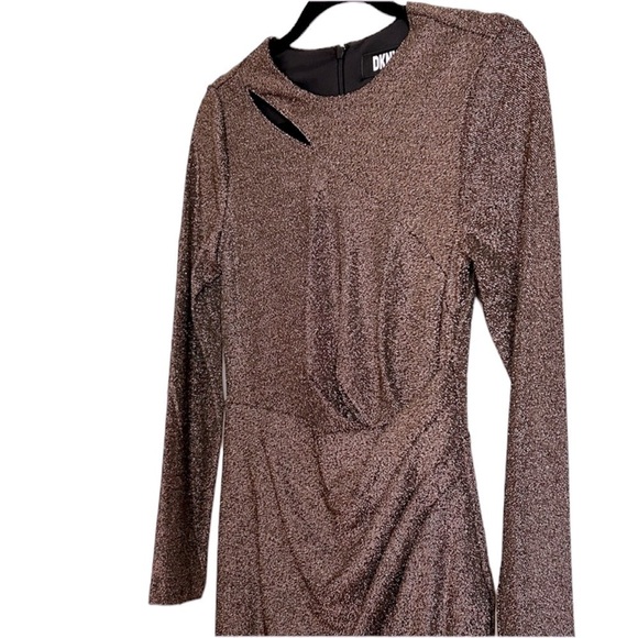 DKNY Metallic Shimmer Evening Long Sleeve Fitted Cutouts Dress NWT (2) - Picture 3 of 8